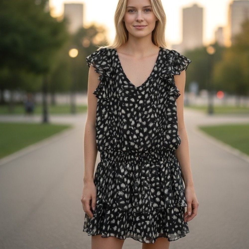 1. STATE Sz S Ruffle‎ Sleeve Mini Dress Smocked Drop Waist Black White Print